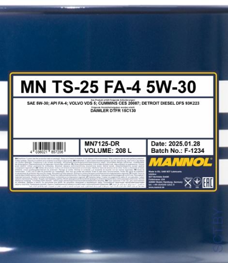 Масло моторное MANNOL 	TS-25 7125 5W-30 API FA-4 208 литров